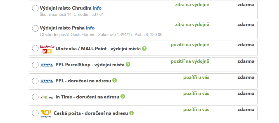 Možnosti dopravy v eshopu.